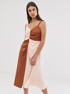 ASOS Panel Contrast Ruched Midi Strappy Dress | Brown/Blush | Size 6